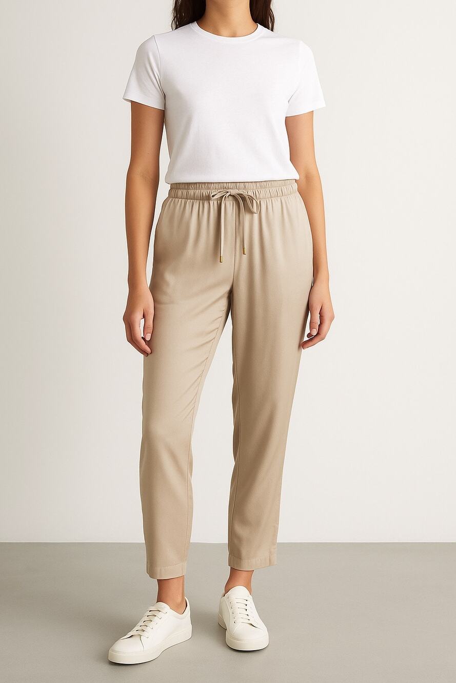 Tory Burch Satin Modal Rayon Tapered Drawstring Pull On Trousers Pants Small Tan